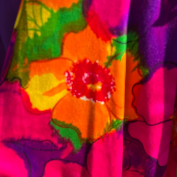 Vintage 1970’s psychedelic handmade barkcloth maxi dress with gold ribbon trim - Picture 5 of 8